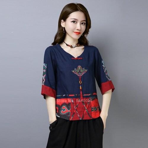 Summer Chinese Traditional Clothing Women Classic Embroidery Tang Suit Qipao Shirts Hanfu Linen Ethnic Vintage Party Chinese Top