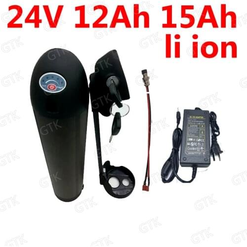 GTK 24v 12ah 15AH li ion water bottle battery 18650 BMS 7S 20Ah lithium ion battery for 250w ebike bicycle scooter +2A Charger