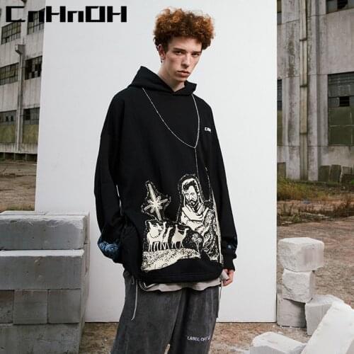 CnHnOH Trendy Brand Harajuku Style Oversize Loose Print Pullover Plus Velvet Hip-Hop Dark Black Jacket Hoodie 9675