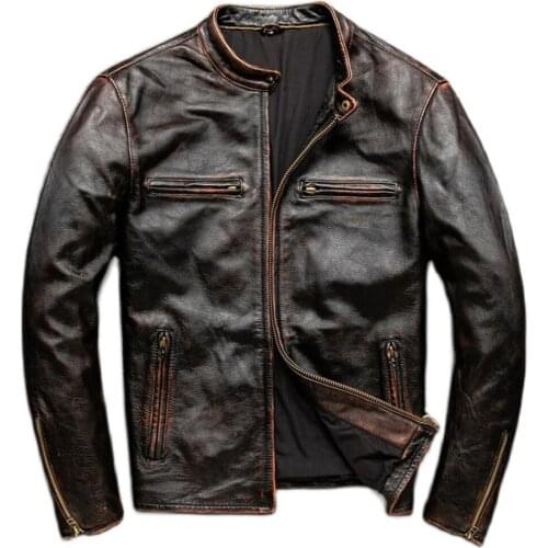 Distressed Motorcycle Mens Real Leather Jacket and Coat Winter Warm Bomber Mans Cow Leather Trench Coat 2022 Windbreaker Man