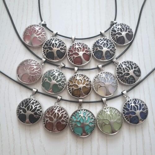 New 1pcs Fashion Natural Stone Pendant Tree of Life Silver Color Healing Crystal Tiger Eye Neklace for Women Men Gift 27mm