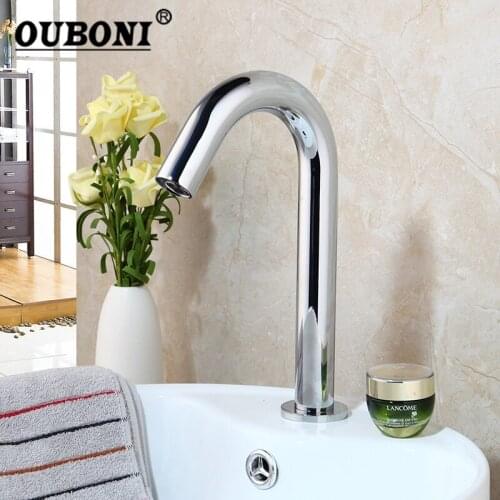 OUBONI Automatic Touch Free Sensor Faucet Solid Brass Bathroom Tap Water Saving Inductive Electric Power Mixer Tap Faucet
