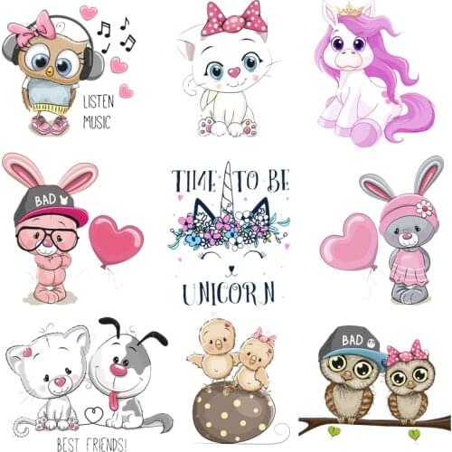 Cute Animal Patch Iron on Transfer Owl Unicorn Dog Cat Patches for Kids Clothing DIY Heat Transfer Vinyl Stickers on Clothes