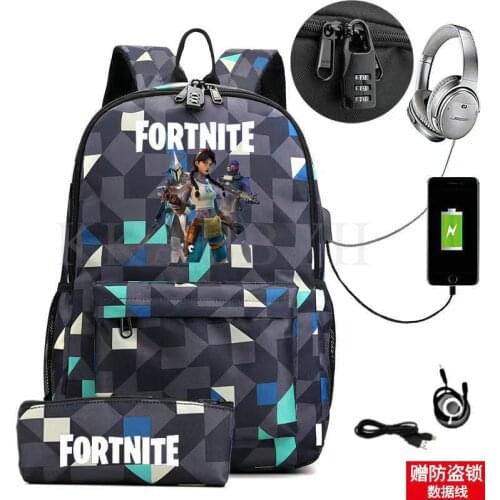 Fortnite USB Backpack USB charge headphone Anti-theft School Bag For Teengers large-capacity Laptop Computer Mochilas With lock
