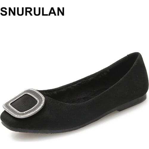 SNURULAN Velvet Flats Shoes Women Metal BuckleShoes Nubuck Leather Loafers Ladies Plush Warm Moccasins Slip On Flats ShoesE190