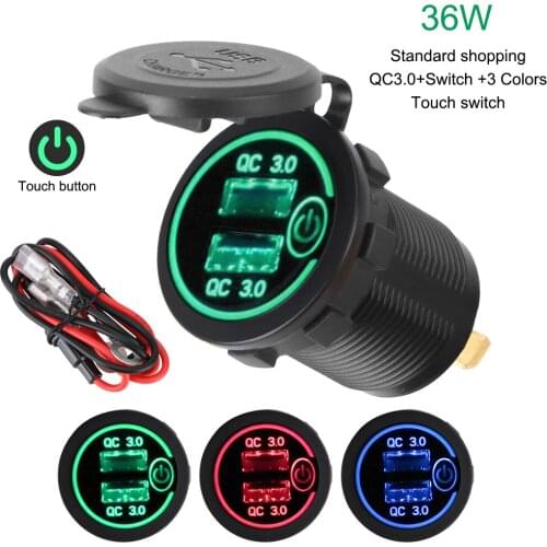 LED Display with Caps for Car Truck ATV DVR GPS Dual USB Charger Socket Motorcycle Quick Charger Touch Switch QC 3.0 36W