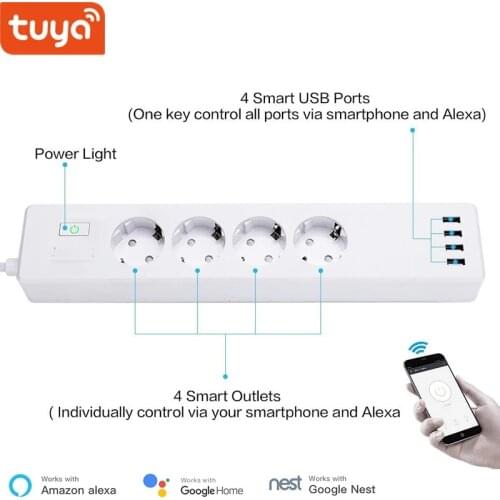 Tuya Smart WiFi Power Strip EU Standard with 4 Plug and 4 USB Port Works with Amazon Alexa and Google Nest