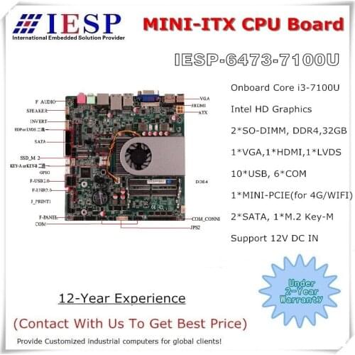Core i3-7100U MINI-ITX Embedded CPU Board, 6*RS232, 9*USB, VGA, HDMI, LVDS, 1*M.2 E Key, 1*M.2 M Key, industrial motherboard