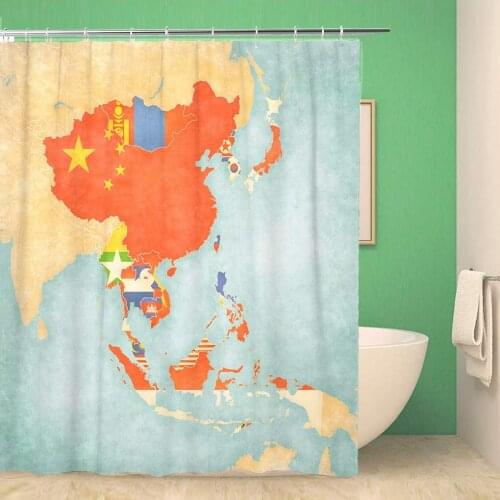 Bathroom Shower Curtain Flags of All Countries Map East and Southeast Asia 72x72 inches Waterproof Bath Curtain Set with Hooks
