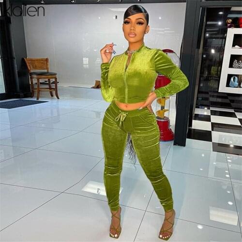 KLALIEN Autumn Thicken Soft Flannel Outfit For Women Streetwear Slim Stretch Coat and Trousers Two Piece Set Female Tracksuit