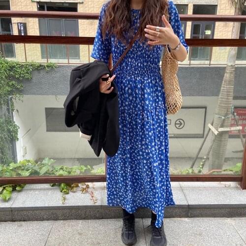 Plaid blue woman dress O Neck High Waist Casual holiday dresses for women Short Sleeves Loose Fit long vestidos 2021
