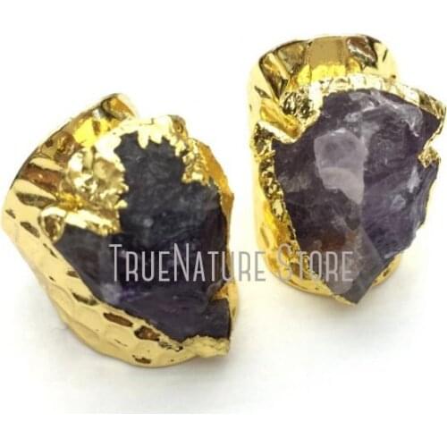 5Pcs RM13361 Ring Jewelry Raw Amethyst Crystal Gold Irregular Surface Point Arrow Gold Plated Raw Amethyst Crystal Ring