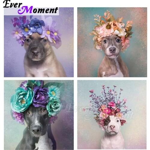 Ever Moment Diamond Painting Dog Flowers Animal Plant Diamond Embroidery Mosaic Full Square Resein DIY Home Décor ASF2076
