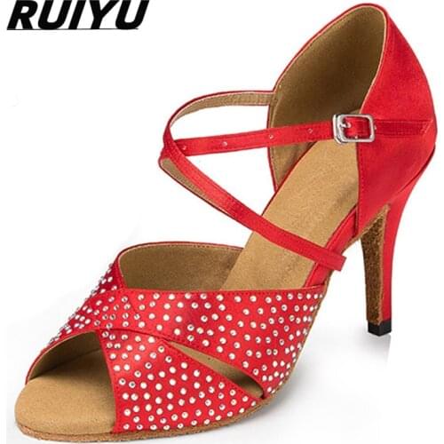 Womens Latin Dance Shoes Tango Samba Salsa Dance Professional Shoes Banquet Ballroom Dancing Rhinestone Sandals Black Red