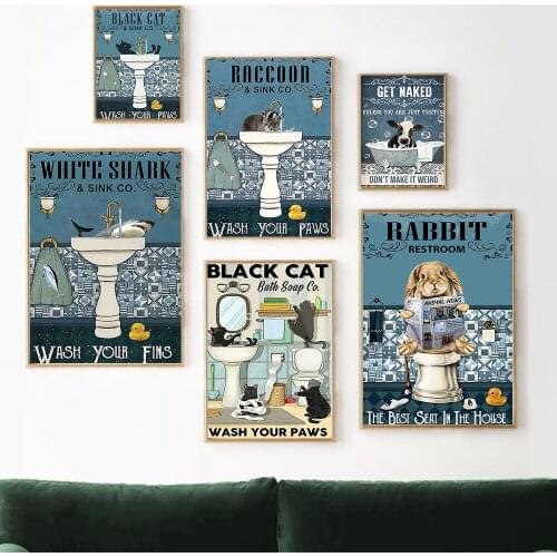 Black Cat Shark Rabbit Raccoon Poster Get Naked Quote Canvas Painting Bathroom Toilet Restroom Wall Art Decor Pictures Frameless