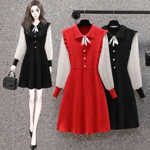 EHQAXIN Plus Size Womens Knitted Dresses Autumn Fashion Bowknot Button A-Shaped Elegant Long Sleeve Splicing Dress Ladies M-4XL