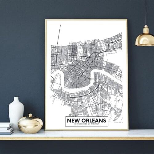 Famous City Map USA New Orleans Printed Canvas Painting Wall Art Pictures Black White Posters and Prints Living Room Home Decor