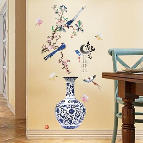 Chinese Style Vase Wall Stickers Flowers Blue and White Porcelain Imitation Wall Decor Living Room Bedroom Wallpaper Art Decals