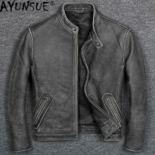 AYUNSUE Real Leather Jacket Men Motorcycle Genuine Leather Vintage Sheepskin Coat Cowhide Plus Size Chaqueta Cuero Hombre 1805