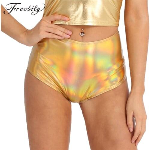 Fashion Women Shiny Metallic Faux Leather Zipper High Waist Pole Dance Shorts Rave Festival Clothing Sexy Lady Nightclub Wear