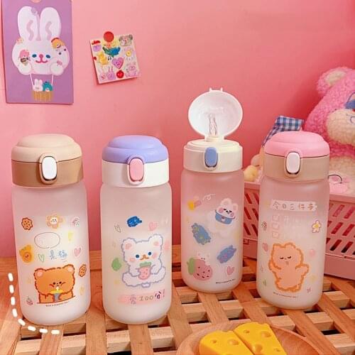Cartoon Glass Water Bottle With Straw Creative Transparent/Frosted Leakproof Travel Drinkware Cute Kids Student Girl Gift Cups