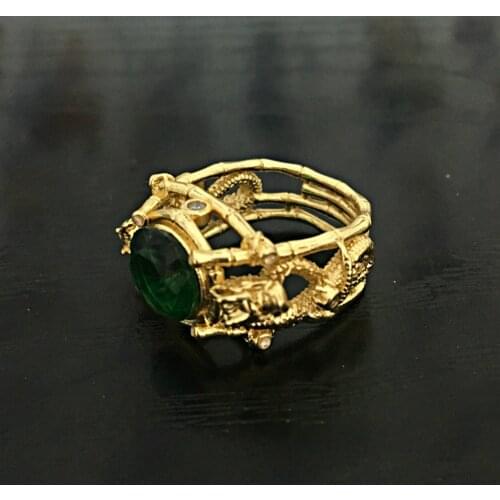 Vintage Mens Ring Unique Design Gold Color Dragon Rings for Women Bamboo Green Stone Ring Exaggerated Punk Hip Hop Jewelry