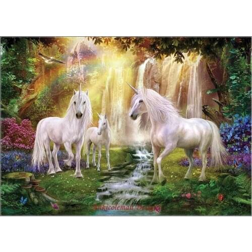 Embroidery Counted Cross Stitch Kits Needlework - Crafts 14 ct DMC Color DIY Arts Handmade Decor - Unicorns at Waterfall