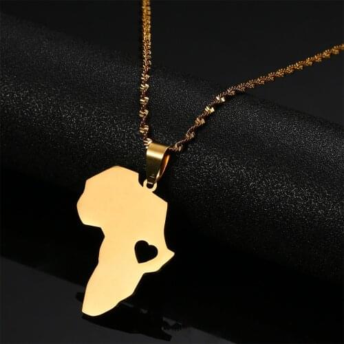 Stainless Steel Africa Heart Map Pendant Necklace Women Men African Map Chain Jewelry