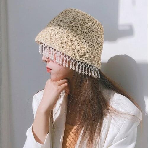 202105-PM-53 new fashion summer handmade paper Pearl tassel mysterious grace show street lady bucket cap women leisure hat