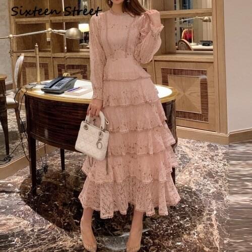 New Pink Lace Woman Dresses 2021 Autumn Long-sleeve Floral Embroidery Elegant Party Maxi Dress Woman Bud Bodycon