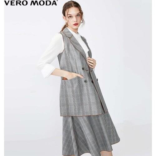 Vero Moda Women Vintage Plaid Lapel Double Breasted Vest Waist Coat | 320134502