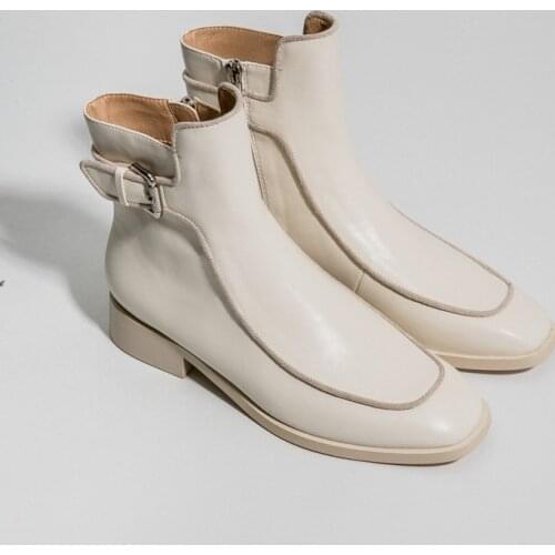 2021 Autumn British Chelsea Boots Genuine Leather Beige Square Toe Modern Ankle Boots Street Style Shoes Woman Botas Mujer