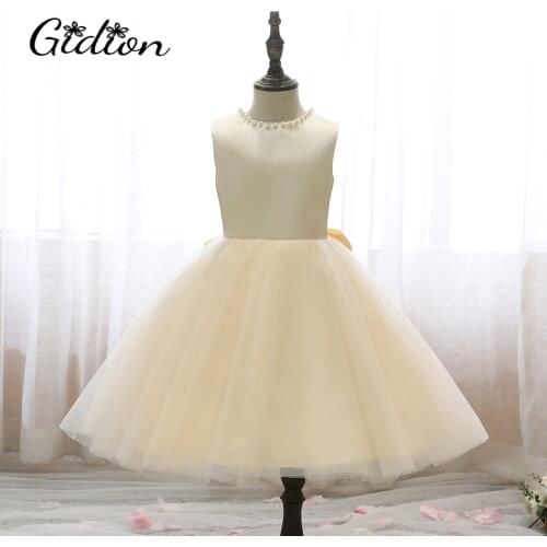Girls Dress New High-End V Back Big Bow Champagne Sleeveless Princess Dress For Girl Elegant Birthday Christmas Clothes 2-14 Yrs