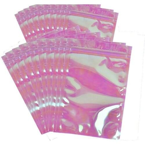Thick Reclosable Holographic Pink Zipper Packaging Bag Cosmetic Jewelry Flat Pouches Laser Small Plastic Zip Lock Bags 10pcs