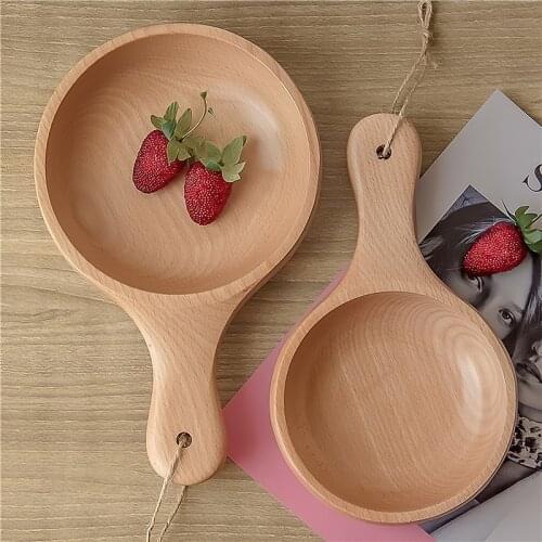 Solid Wood Tableware Japanese Style with Handle Wooden Round Salad Bowl Snack Plate Household Kitchen Supplies Dinnerware