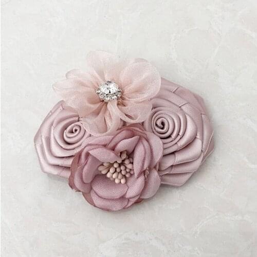 3"x 3.2"Handmade Blush Pink Rolled Rose Rosette Applique for Head Band Belt Sash