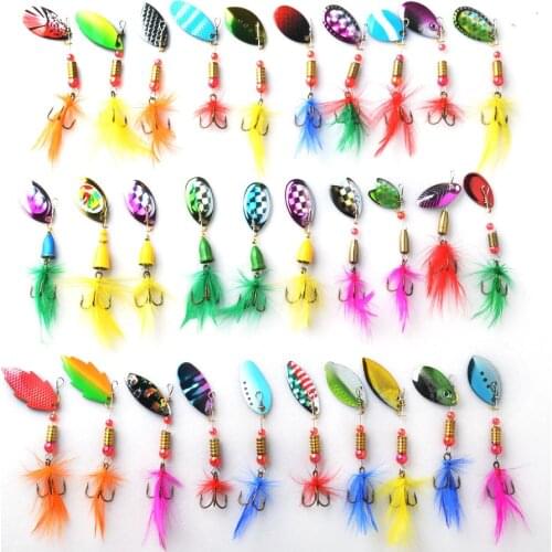 30pcs/lot Fishing Spoon Hard Lures Spinner Bait feather Fishing Wobbler Metal Baits Spinnerbait Isca Artificial Free With Box