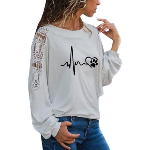 Heartbeat Love Dog Footprints Print Girl T Shirt Funny Teeshirt Women Clothing Casual Long Sleeve Large Size Loose Lace Tops