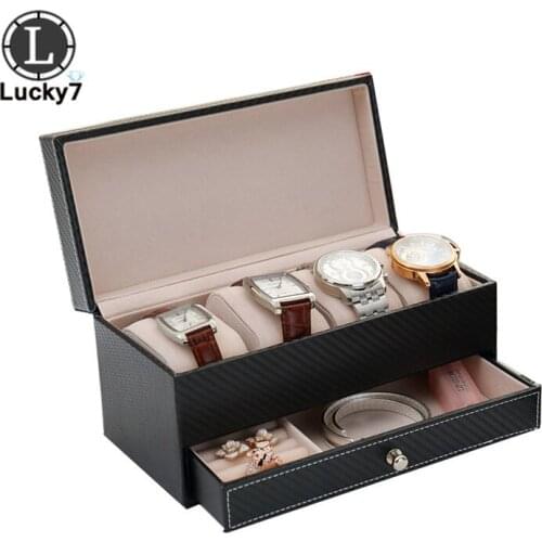 New Leatherette 4 Seat Watch Storage Box Mens Business Drawer Four-seat Leather Watch Ring Necklace Jewelry Organizer Box
