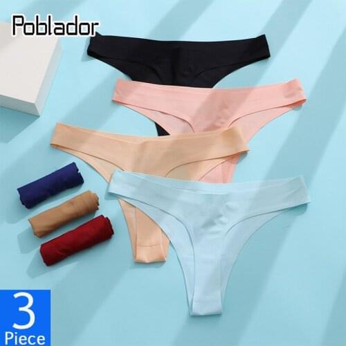 Poblador 3Pcs/lot Sexy Womens Ice Silk Panties Underwear Seamless Thongs Low Waist Solid Female Fashion Soft Comfort G-String