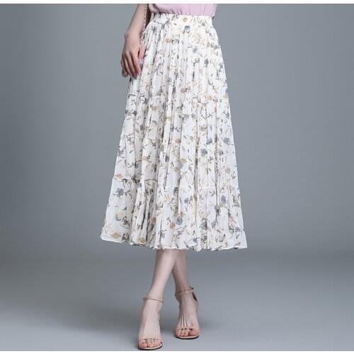 Chiffon Floral Long Pleated Skirt for Women Summer Elegant Chic Fashion Korean Style Loose Casual Elastic High Waist Skirts 5003