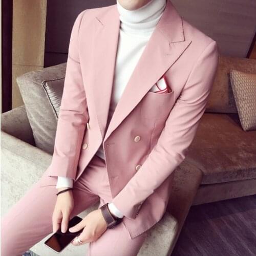 2017 Spring Men Suits For Wedding Korean Fashion 3 Pieces Mens Pink Double Breasted Suits Slim Fit Tuxedos (Jacket+Pants+Tie)