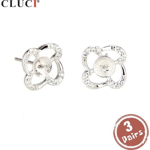 CLUCI 3 pair wholesale 925 Sterling Silver Stud Earrings Jewelry Silver 925 Pearl Earring Mounting Flower Earrings SE033SB