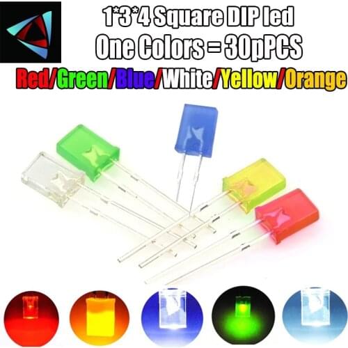 30pcs 1*3*4 Square led Red light-emitting diodes Red turn Red white blue green yellow