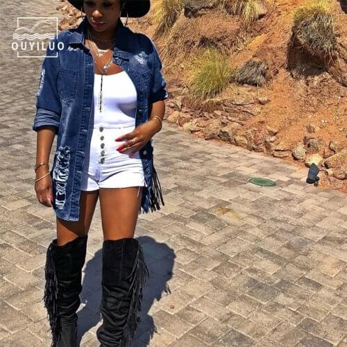 Jeans Jacket For Women 2020 Sexy Ripped Oversized Denim Jacket Gothic Winter Fashion Long Sleeve Denim Jacket Casual Loose Coats