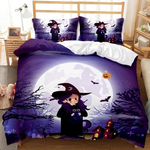 3D Happy Halloween Party Bedding Set Cute Witch Pumpkin Bat Duvet Cover Set Kids Bed Quilts Purple Bedclothes Child Home Textile