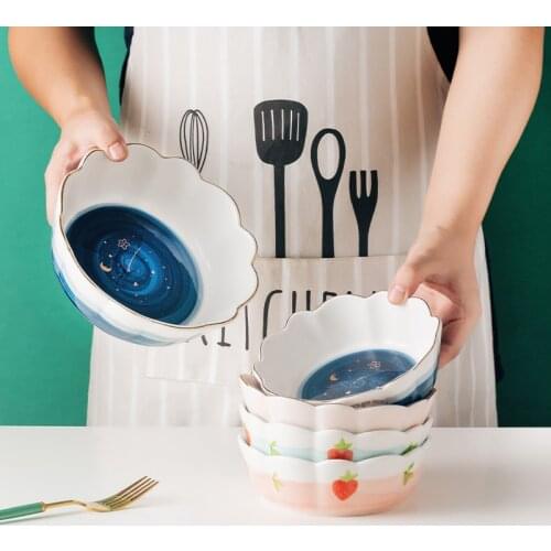 Cute girl heart strawberry ceramic salad fruit bowl single starry sky dessert bowl home breakfast bowl flower type
