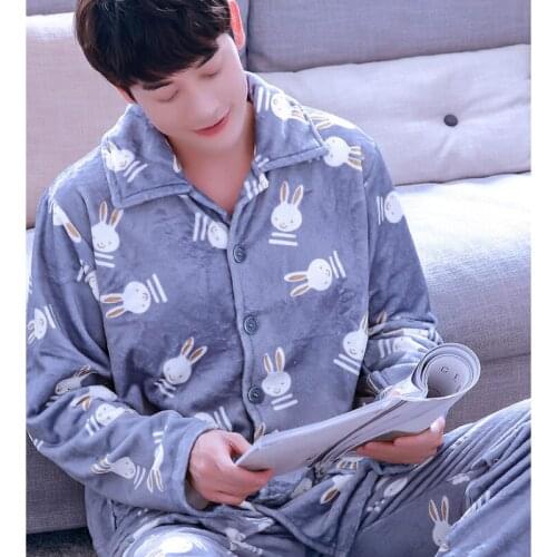 Mens Warm Fleece Pajamas Girls Thickened Flannel Homewear Long Sleeved Coral Velvet Leisure Suit Cartoon Housewear D-2076