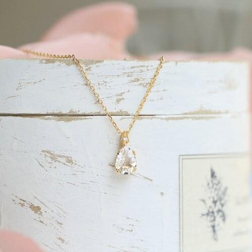 LAMON Vintage 925 Silver Necklace For Women Water Drop Natural Clear Crystal Pendant 14K Light Gold Plated Fine Jewelry LMNI154