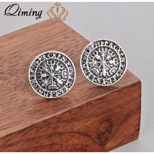 QIMING Vegvisir Runes Compass Earrings Women Vintage Charm Scandinavian Antique Bronze Round Rune Slavic Viking Jewelry Earring